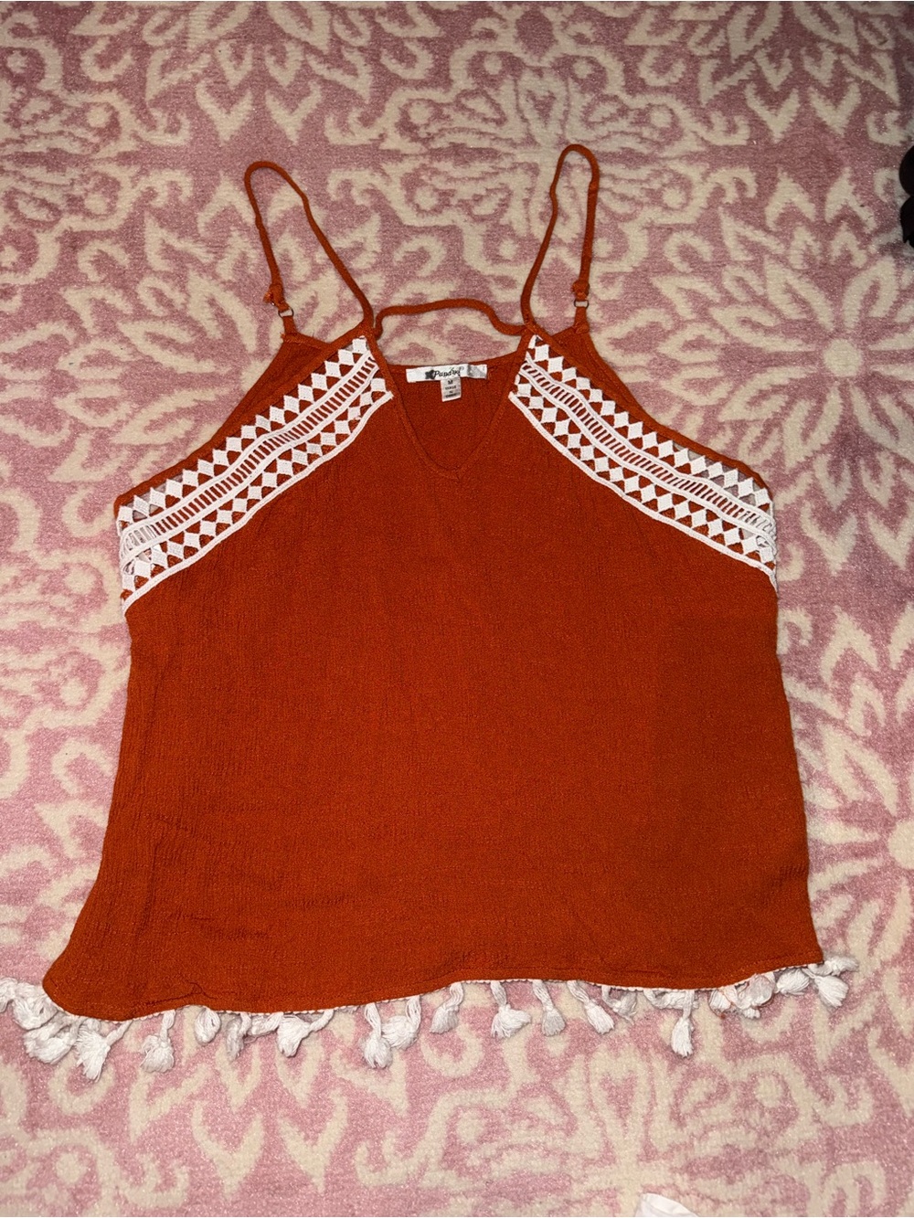 Papaya Rust Orange Boho Tassel Tank Top Size Medium